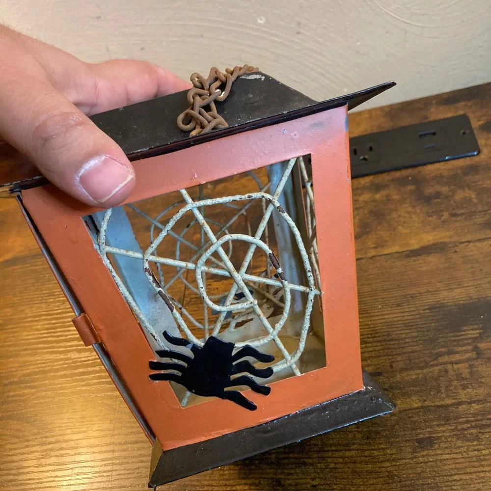 Halloween Hand Painted Metal Spiderweb Lantern Orange Black Tea Light Holder